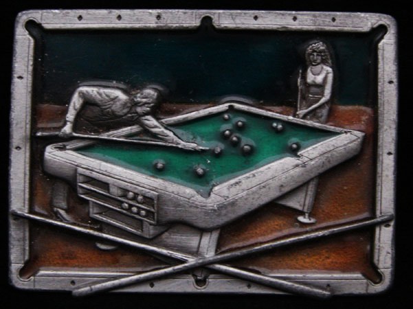 VINTAGE 1984 **MAN & WOMAN PLAYING POOL** PEWTER BUCKLE