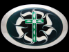 VINTAGE 1970s GREEN CROSS ON MULTI-COLOR LACQUER SWIRL BELT BUCKLE